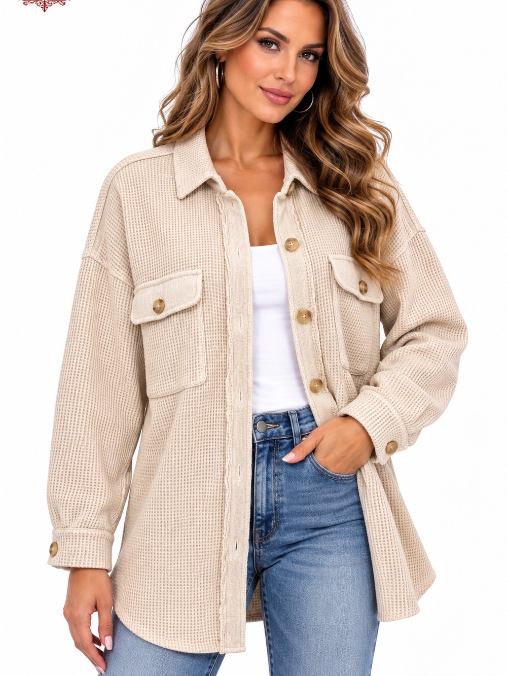W34 Oversized Cream Waffle Knit Button Down Shacket Size L
